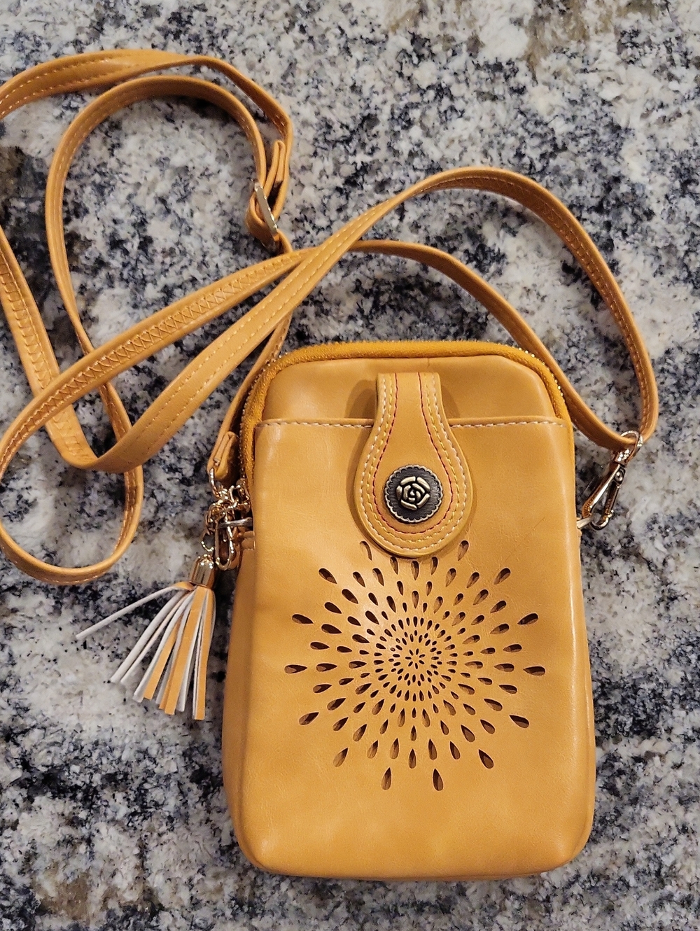 Aphison Compact Mustard Yellow Crossbody Phone Bag with Floral Cutout